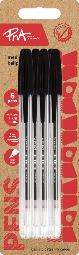 PNA Ballpoint Pen Medium Tip Clear Black Pack of 6