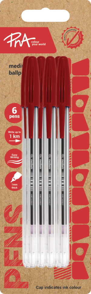 PNA Ballpoint Pen Medium Tip Clear Red Pack of 6
