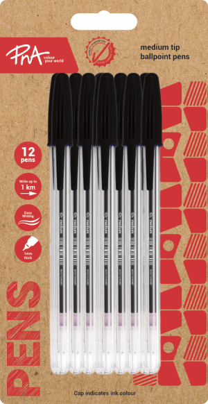 PNA Ballpoint Pen Medium Tip Clear Black Pack of 12