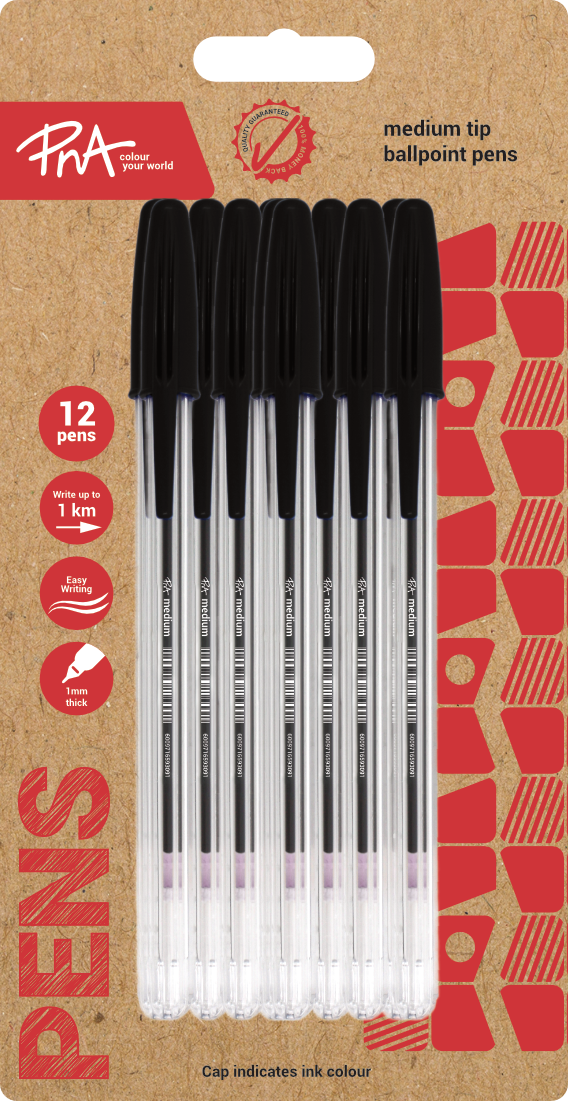 PNA Ballpoint Pen Medium Tip Clear Black Pack of 12