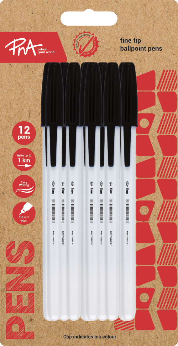 PNA Ballpoint Pen Fine Tip Clear Black Pack of 12