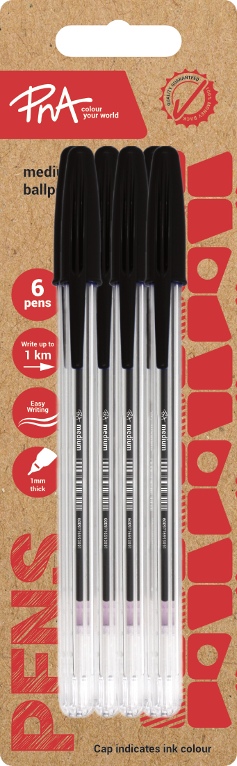 PNA Ballpoint Pen Medium Tip Clear Black Pack of 6