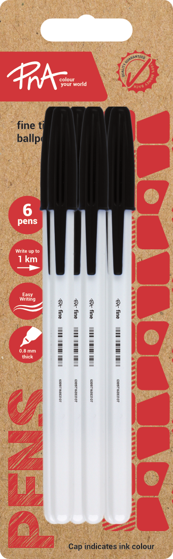 PNA Ballpoint Pen Fine Tip Clear Black Pack of 6