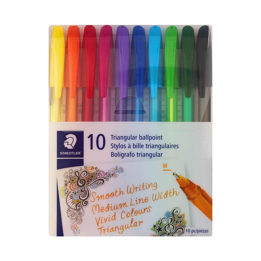 STAEDTLER TRIANGULAR BALLPOINT COLOUR PENS WALLET OF 10