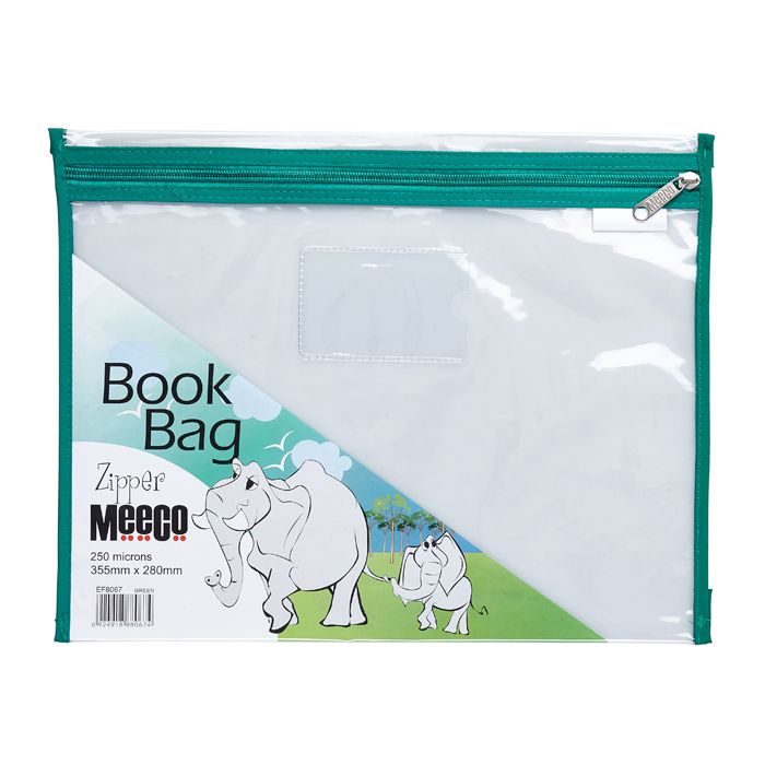 MEECO BOOK BAG WITH ZIP PVC CLEAR GREEN A4