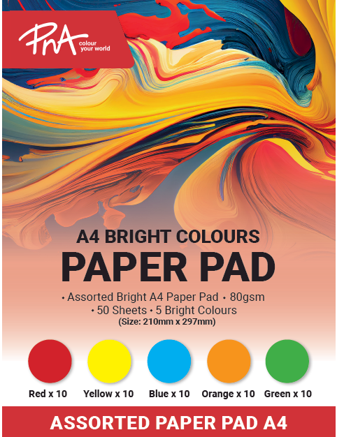 PNA BRIGHT PAPER PADS ASSORTED 80GSM A4 50 SHEET