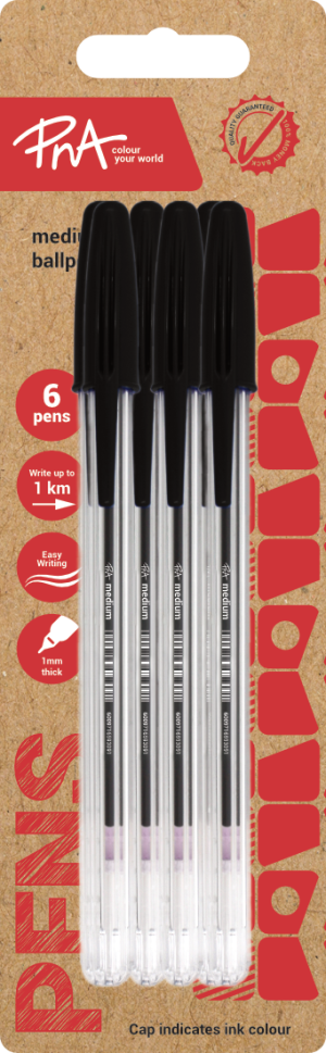 PNA BALLPOINT PEN MEDIUM TIP CLEAR BLACK PACK OF 6