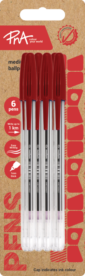 PNA BALLPOINT PEN MEDIUM TIP CLEAR RED PACK OF 6