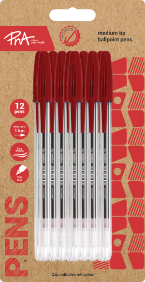 PNA BALLPOINT PEN MEDIUM TIP CLEAR RED PACK OF 12