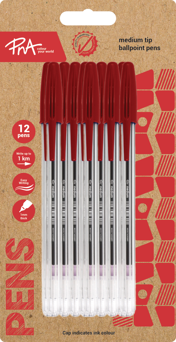 PNA BALLPOINT PEN MEDIUM TIP CLEAR RED PACK OF 12