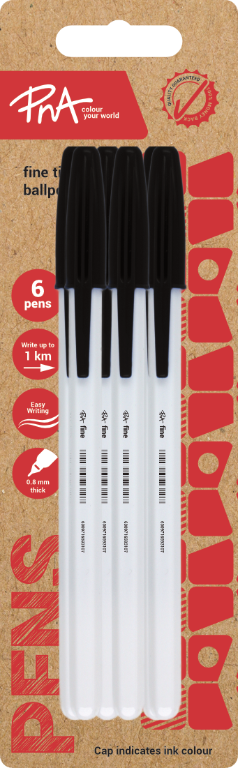 PNA BALLPOINT PEN FINE TIP CLEAR BLACK PACK OF 6