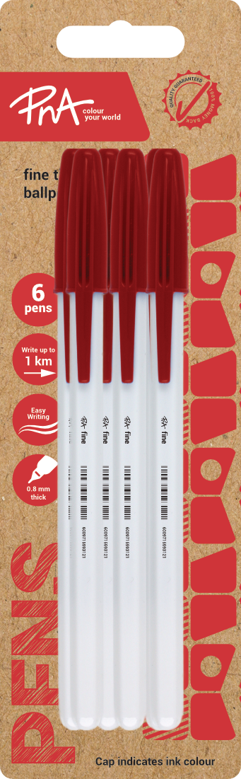 PNA BALLPOINT PEN FINE TIP CLEAR RED PACK OF 6