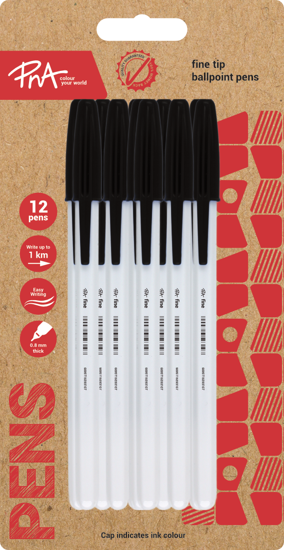 PNA BALLPOINT PEN FINE TIP CLEAR BLACK PACK OF 12